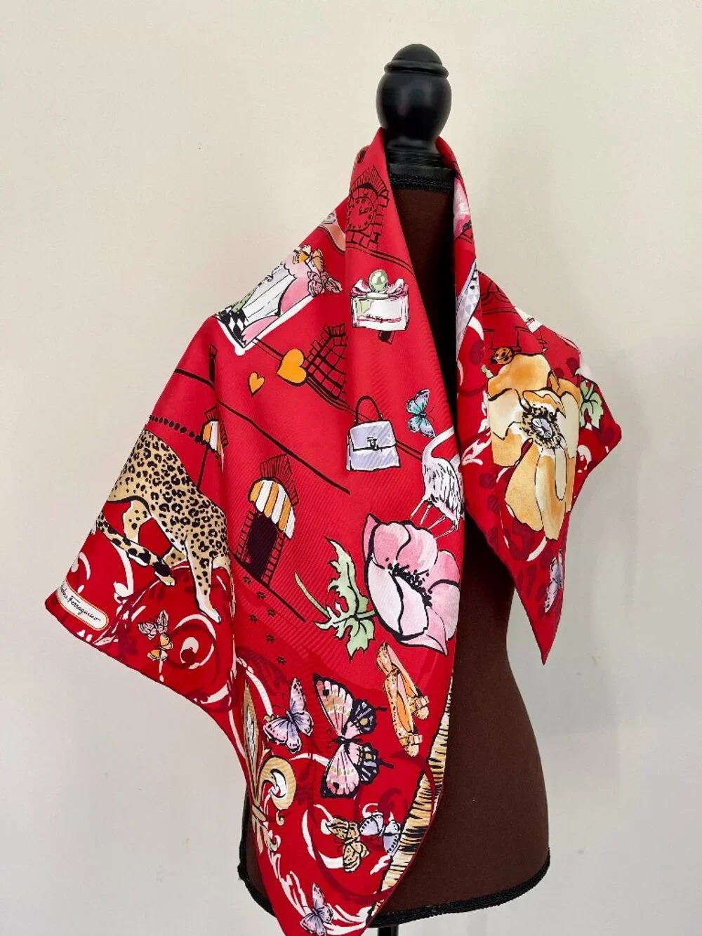 New Salvatore Ferragamo Icone Red Multicolor Silk Scarf